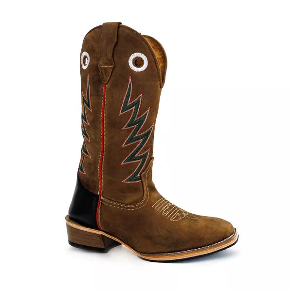 Bota Texana Salto Carrapeta Marrom Bordado Verde