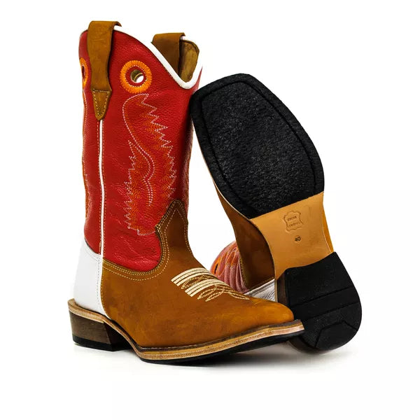 Bota Texana Salto Carrapeta Couro Legítimo Costura Laranja