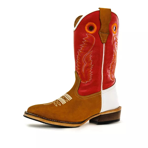 Bota Texana Salto Carrapeta Couro Legítimo Costura Laranja