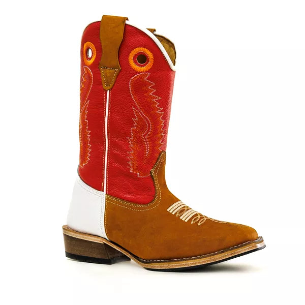 Bota Texana Salto Carrapeta Couro Legítimo Costura Laranja