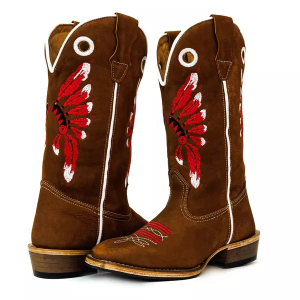 Bota Texana Salto Carrapeta Marrom Cocar Vermelho