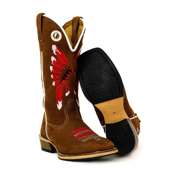 Bota Texana Salto Carrapeta Marrom Cocar Vermelho