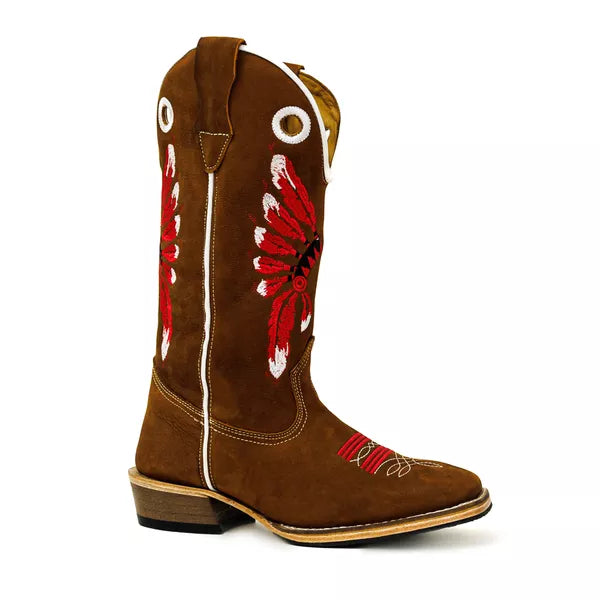 Bota Texana Salto Carrapeta Marrom Cocar Vermelho
