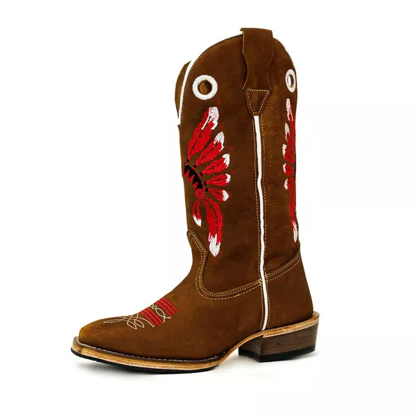 Bota Texana Salto Carrapeta Marrom Cocar Vermelho