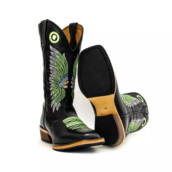 Bota Texana Salto Carrapeta Preta Cocar Verde
