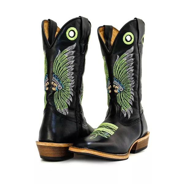 Bota Texana Salto Carrapeta Preta Cocar Verde