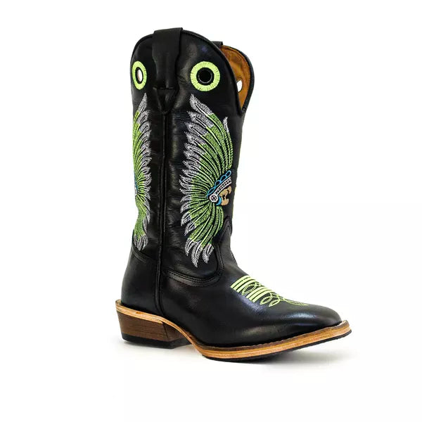 Bota Texana Salto Carrapeta Preta Cocar Verde