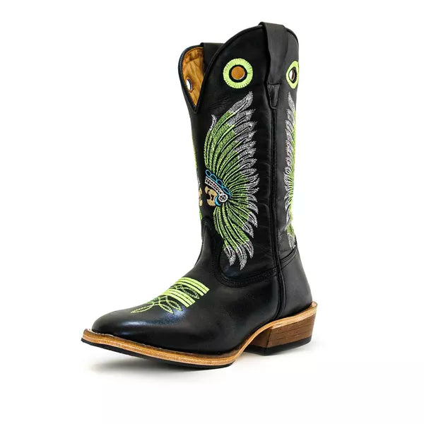 Bota Texana Salto Carrapeta Preta Cocar Verde