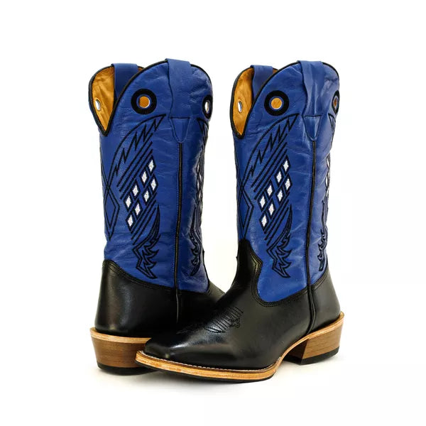 Bota Texana Salto Carrapeta Couro Legítimo Quadriculado Azul