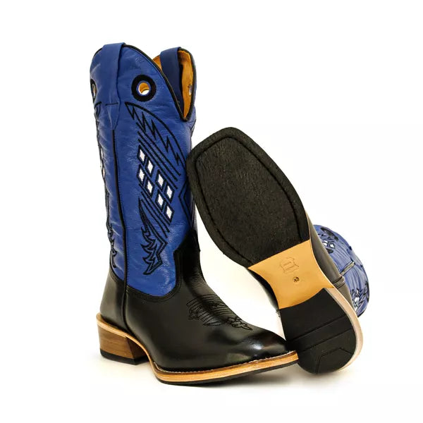 Bota Texana Salto Carrapeta Couro Legítimo Quadriculado Azul