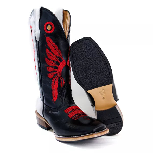 Bota Texana Salto Carrapeta Cocar Vermelho Cano Preto