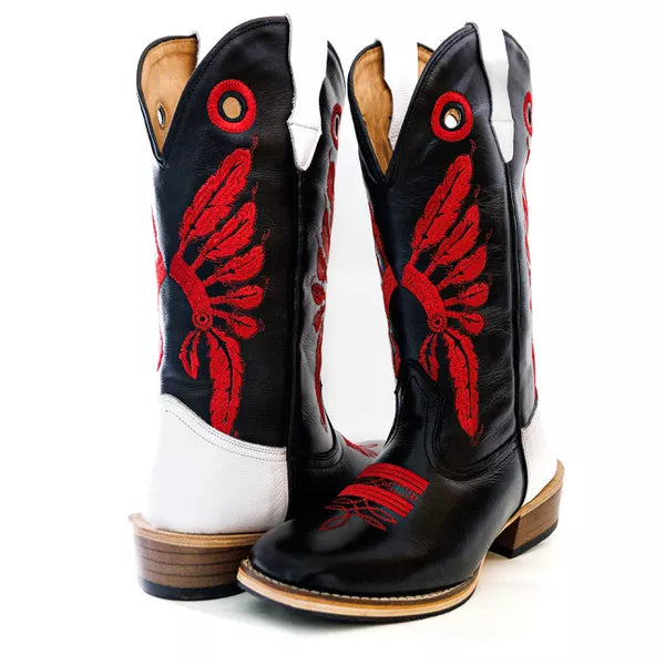 Bota Texana Salto Carrapeta Cocar Vermelho Cano Preto