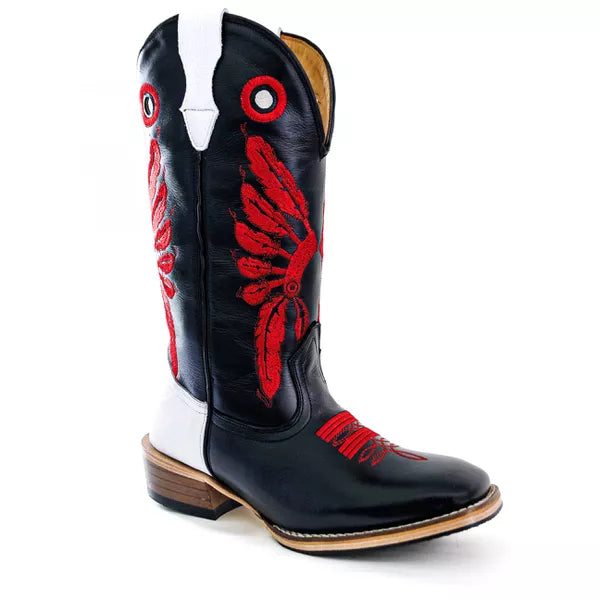 Bota Texana Salto Carrapeta Cocar Vermelho Cano Preto