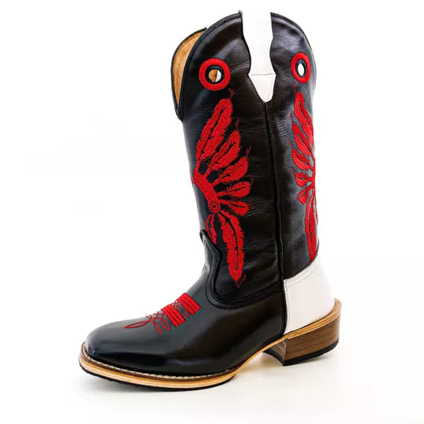 Bota Texana Salto Carrapeta Cocar Vermelho Cano Preto