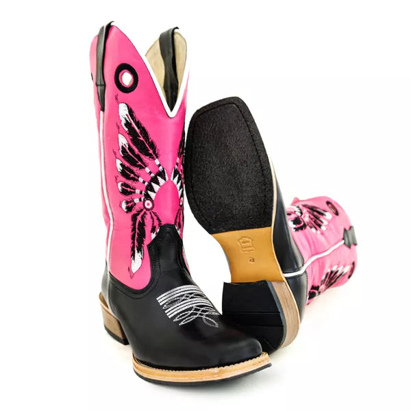 Bota Texana Salto Carrapeta Rosa Cocar Preto
