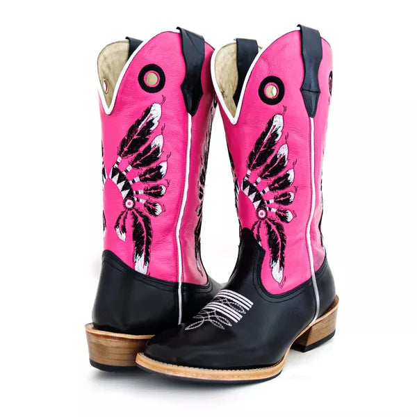 Bota Texana Salto Carrapeta Rosa Cocar Preto