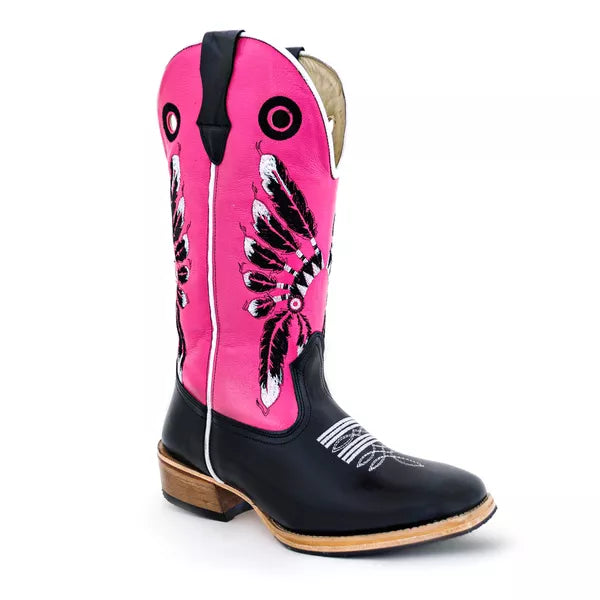 Bota Texana Salto Carrapeta Rosa Cocar Preto