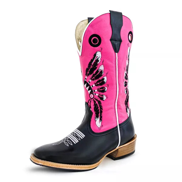 Bota Texana Salto Carrapeta Rosa Cocar Preto