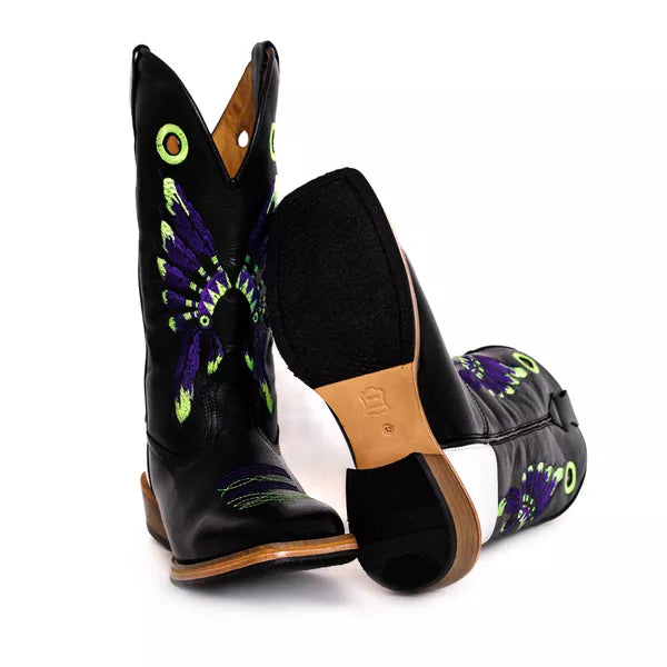Bota Texana Salto Carrapeta Preta Cocar Roxo
