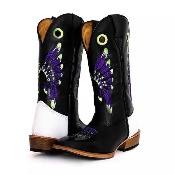 Bota Texana Salto Carrapeta Preta Cocar Roxo