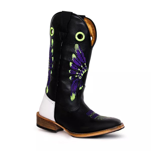 Bota Texana Salto Carrapeta Preta Cocar Roxo