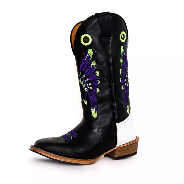 Bota Texana Salto Carrapeta Preta Cocar Roxo