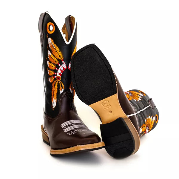 Bota Texana Salto Carrapeta  Cocar Laranja Pé Marrom