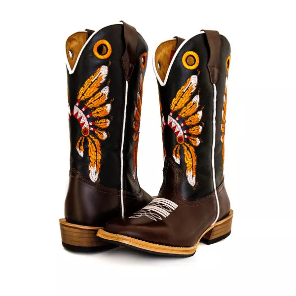 Bota Texana Salto Carrapeta  Cocar Laranja Pé Marrom