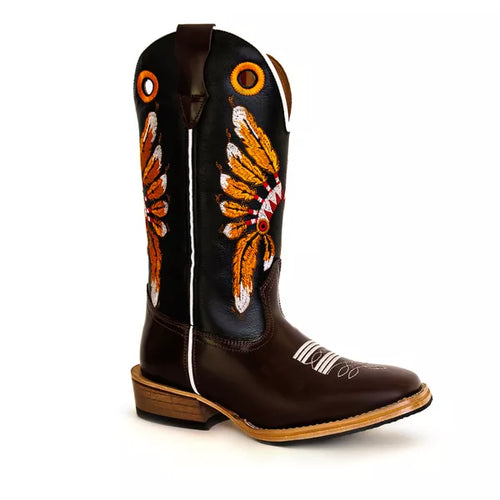 Bota Texana Salto Carrapeta  Cocar Laranja Pé Marrom