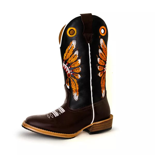 Bota Texana Salto Carrapeta  Cocar Laranja Pé Marrom