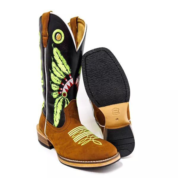 Bota Texana Salto Carrapeta Couro Legítimo Cocar Verde