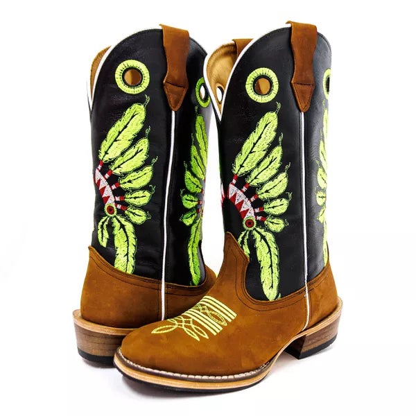Bota Texana Salto Carrapeta Couro Legítimo Cocar Verde