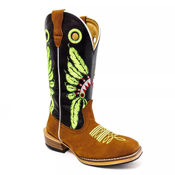 Bota Texana Salto Carrapeta Couro Legítimo Cocar Verde