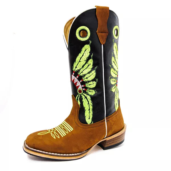 Bota Texana Salto Carrapeta Couro Legítimo Cocar Verde