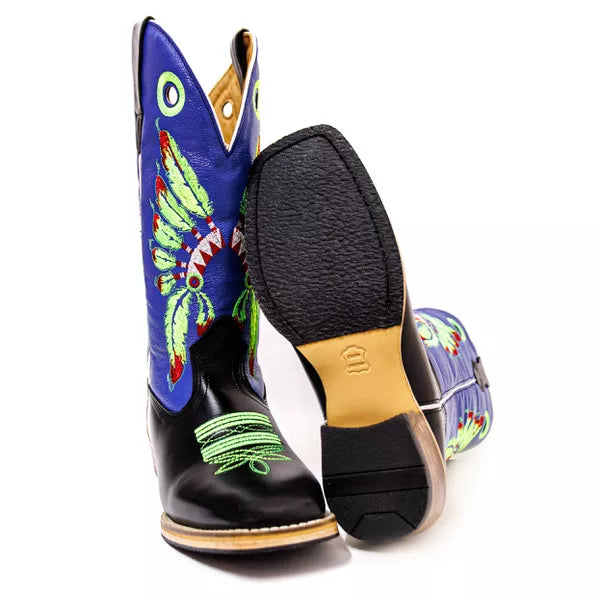 Bota Texana Salto Carrapeta Cocar Verde Cano Azul