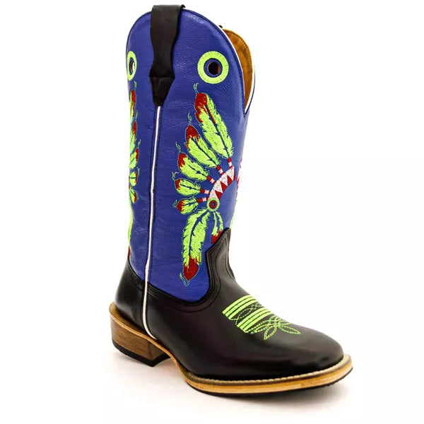 Bota Texana Salto Carrapeta Cocar Verde Cano Azul