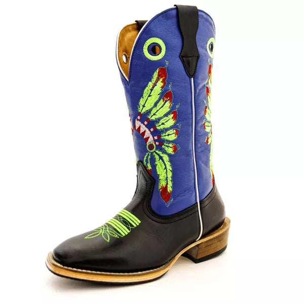 Bota Texana Salto Carrapeta Cocar Verde Cano Azul