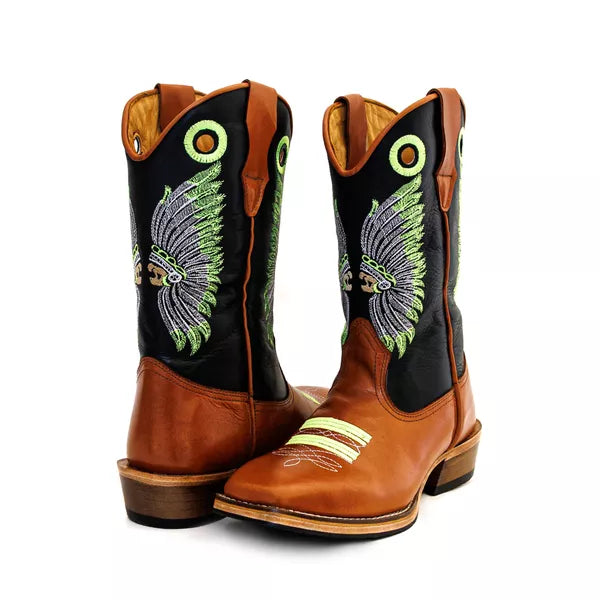 Bota Texana Salto Carrapeta Cocar Cano Preto Mostarda