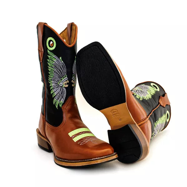 Bota Texana Salto Carrapeta Cocar Cano Preto Mostarda