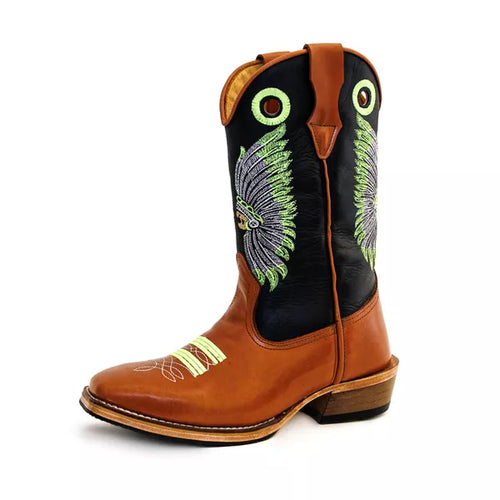 Bota Texana Salto Carrapeta Cocar Cano Preto Mostarda