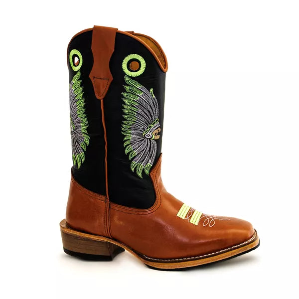 Bota Texana Salto Carrapeta Cocar Cano Preto Mostarda