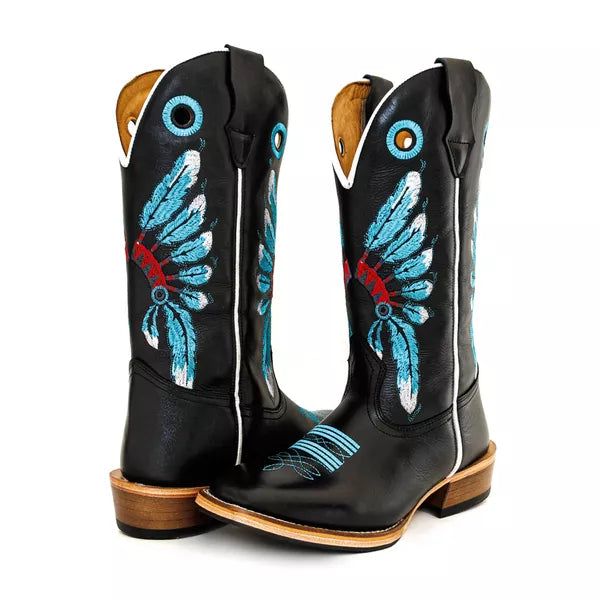 Bota Texana Salto Carrapeta Couro Legítimo Cocar Azul