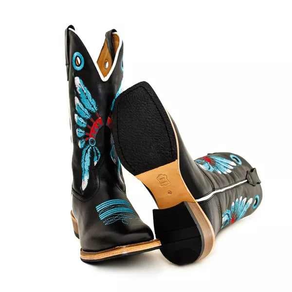Bota Texana Salto Carrapeta Couro Legítimo Cocar Azul