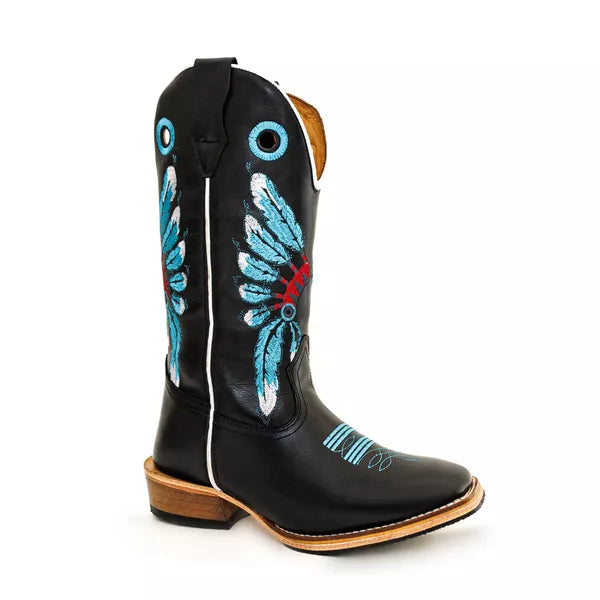 Bota Texana Salto Carrapeta Couro Legítimo Cocar Azul
