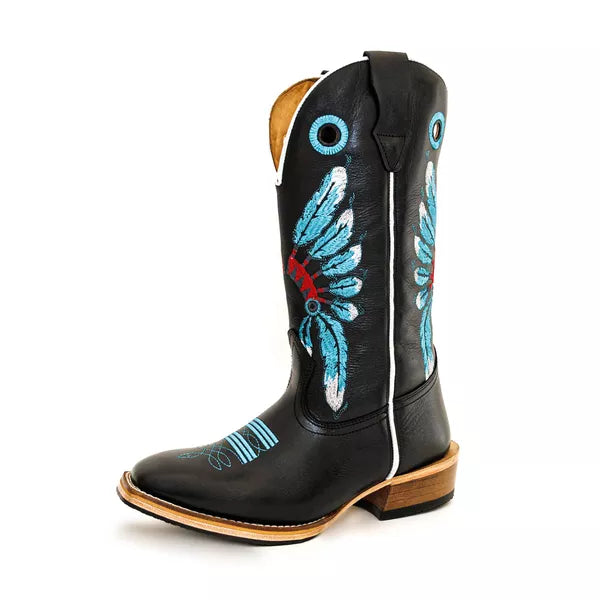 Bota Texana Salto Carrapeta Couro Legítimo Cocar Azul