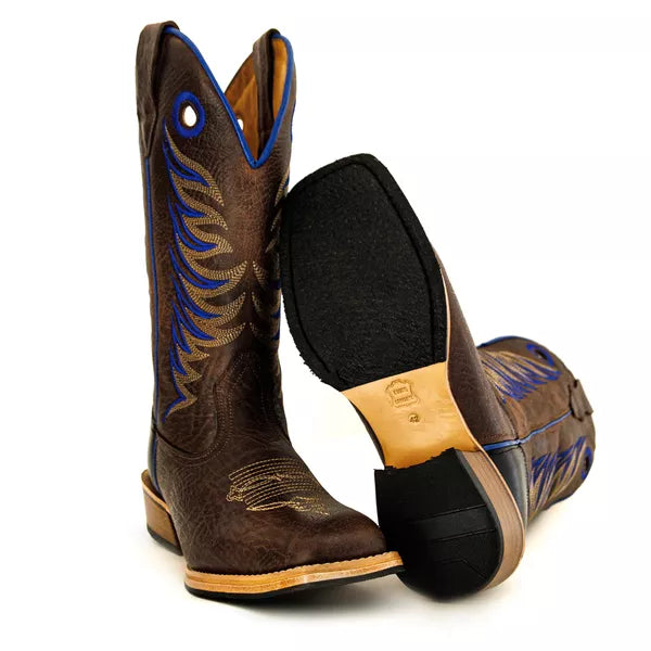 Bota Texana Salto Carrapeta Marrom Bordado Azul