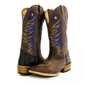 Bota Texana Salto Carrapeta Marrom Bordado Azul