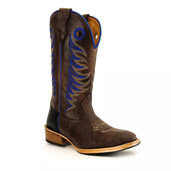 Bota Texana Salto Carrapeta Marrom Bordado Azul