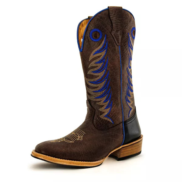 Bota Texana Salto Carrapeta Marrom Bordado Azul
