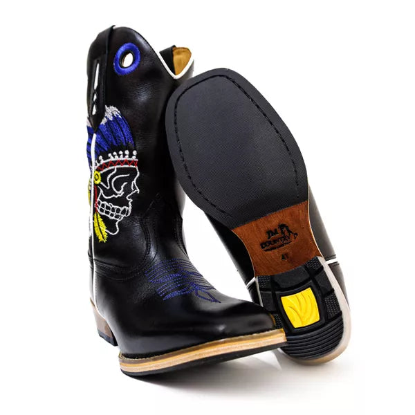 Bota Texana Salto Carrapeta Preta Cocar Caveira